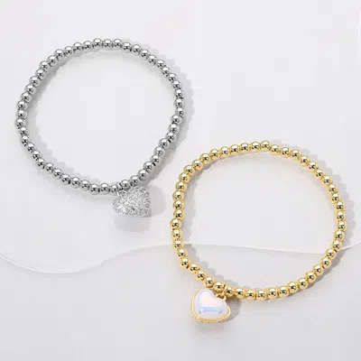 Fashnzfab Reversible Stainless Steel Heart Charm Beaded Stretch Bracelet Clear, Silver In Multi