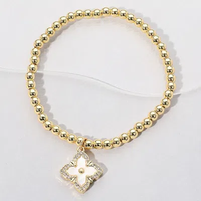 Fashnzfab Reversible Stainless Steel Mother Of Pearl Clover Charm Beaded Stretch Bracelet - Gold, Mother Of Pe In Multi