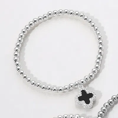 Fashnzfab Reversible Stainless Steel Quatrefoil Charm Beaded Stretch Bracelet Black, Silver