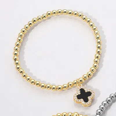 Fashnzfab Reversible Stainless Steel Quatrefoil Charm Beaded Stretch Bracelet Black In Silver