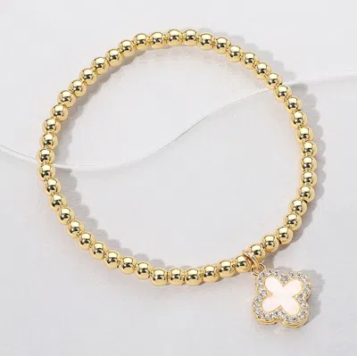 Fashnzfab Reversible Stainless Steel Quatrefoil Charm Beaded Stretch Bracelet Gold, Mother Of Pearl In Multi