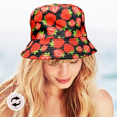 Fashnzfab Reversible Strawberry Print Bucket Hat In Black