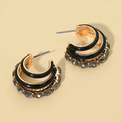 Fashnzfab Rhinestone Accent Enamel Layered Hoop Earrings In Black