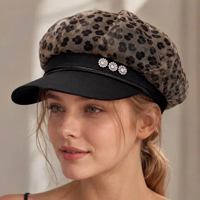 Fashnzfab Rhinestone Accent Leopard Newsboy Cap In Brown