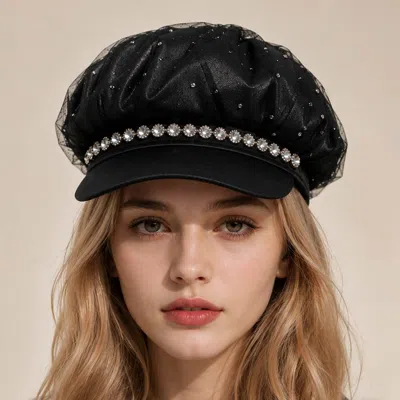 Fashnzfab Rhinestone Accent Mesh Around Newsboy Cap In Black