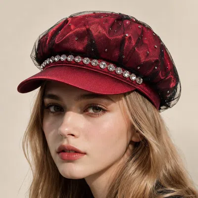 Fashnzfab Rhinestone Accent Mesh Around Newsboy Cap In Red