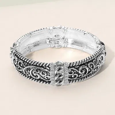 Fashnzfab Rhinestone Accent Ornate Stretch Bracelet Antique Silver, Clear In Multi