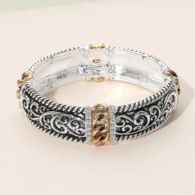 Fashnzfab Rhinestone Accent Ornate Stretch Bracelet Clear, Two Tone In Multi