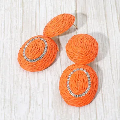 Fashnzfab Rhinestone Accent Raffia Wrapped Oval Dangle Earrings In Orange
