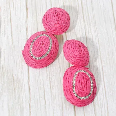 Fashnzfab Rhinestone Accent Raffia Wrapped Oval Dangle Earrings In Pink