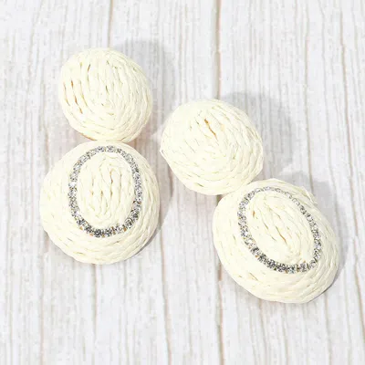 Fashnzfab Rhinestone Accent Raffia Wrapped Oval Dangle Earrings In White