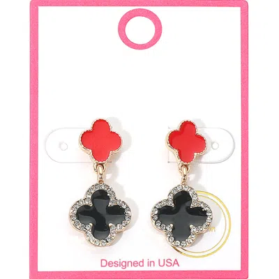 Fashnzfab Rhinestone Accented Quatrefoil Drop Earrings - Black, Gold, Red