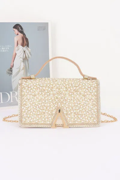 Fashnzfab Rhinestone And Pearl Flap Clutch In Gold