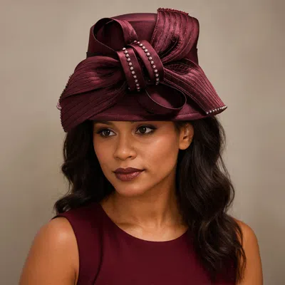 Fashnzfab Rhinestone Bow Accent Elegant Dressy Hat In Burgundy