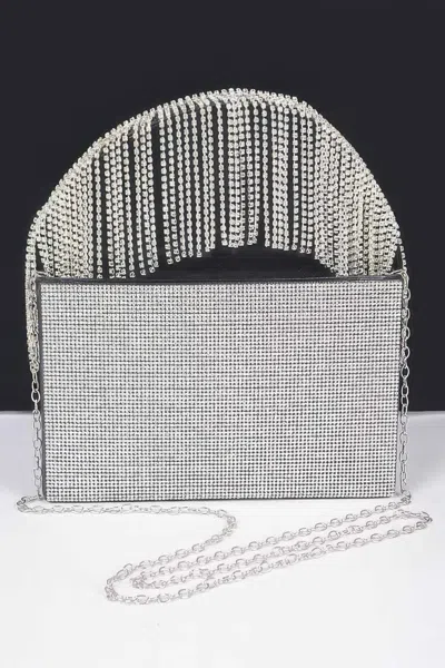 Fashnzfab Rhinestone Box Clutch W/rhinestone Fringe Handle In Multi