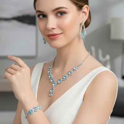 Fashnzfab Rhinestone Bubble Necklace Jewelry Set In Blue