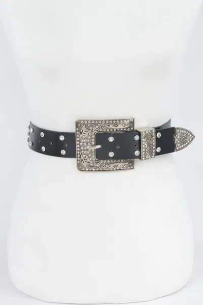 Fashnzfab Rhinestone Buckle Metallic Plus Size Belt W/chain In Black