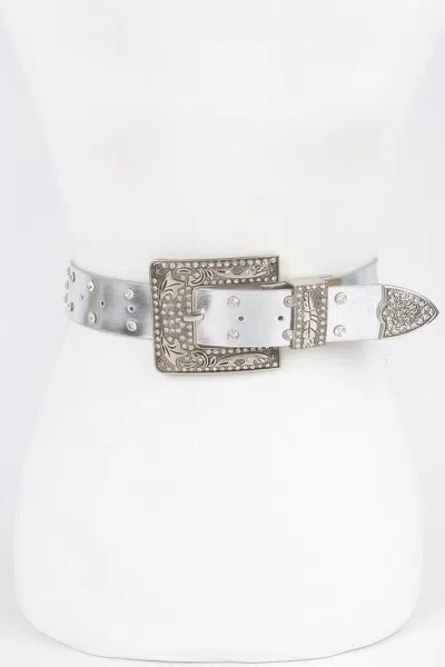 Fashnzfab Rhinestone Buckle Metallic Plus Size Belt W/chain In White