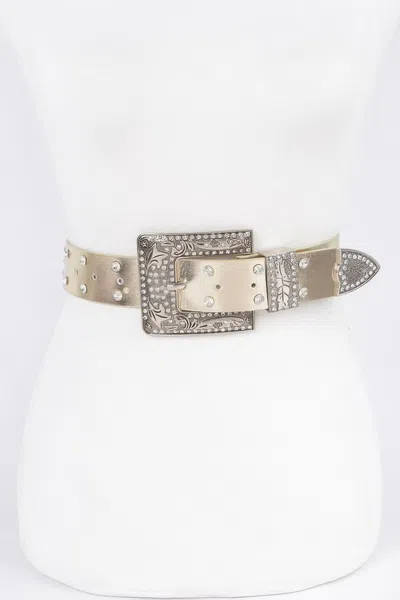 Fashnzfab Rhinestone Buckle Metallic Belt W/stones In Transparent