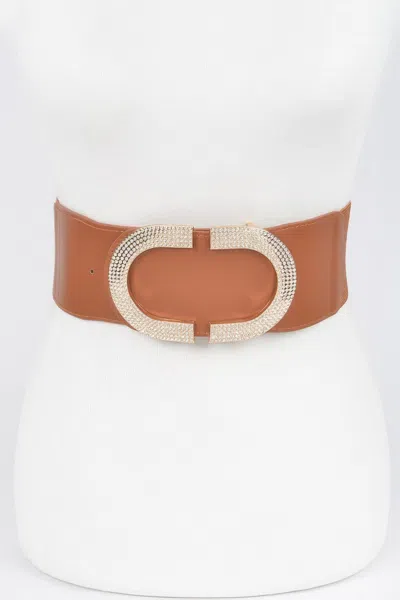 Fashnzfab Rhinestone Buckle Stretch Belt In Brown