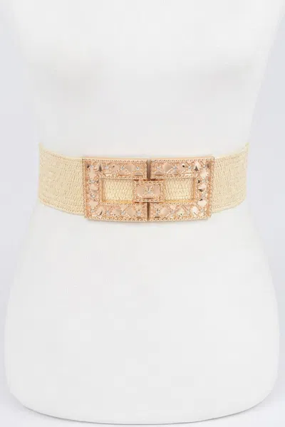 Fashnzfab Rhinestone Buckle Stretch Straw Belt In Neutral