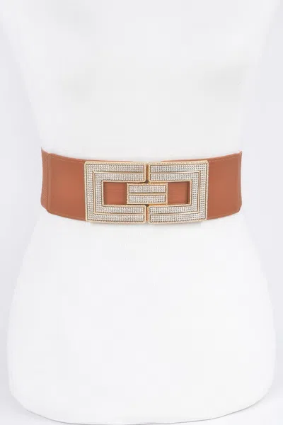 Fashnzfab Rhinestone Buckles Plus Size Elastic Belt In Brown