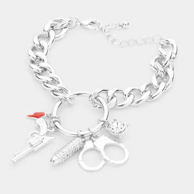 Fashnzfab Rhinestone Bullet Metal Handcuffs Enamel Lightning Charm Bracelet Rhodium In Multi