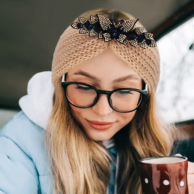 Fashnzfab Rhinestone Butterfly Bling Pointed Knit Earmuff Headband In Brown