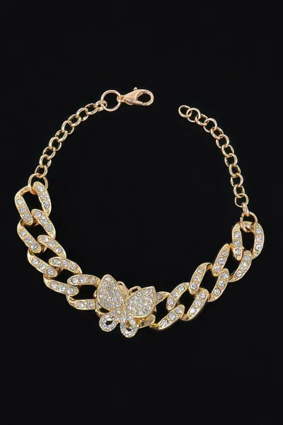 Fashnzfab Rhinestone Butterfly Chain Bracelet In Gold