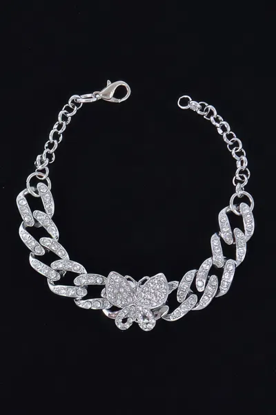 Fashnzfab Rhinestone Butterfly Chain Bracelet In Silver