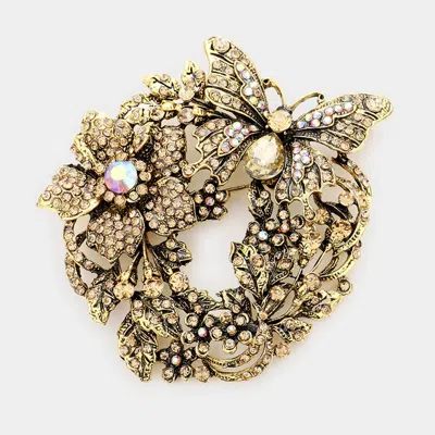 Fashnzfab Rhinestone Butterfly Flower Leaf Pin Brooch Pendant In Gold