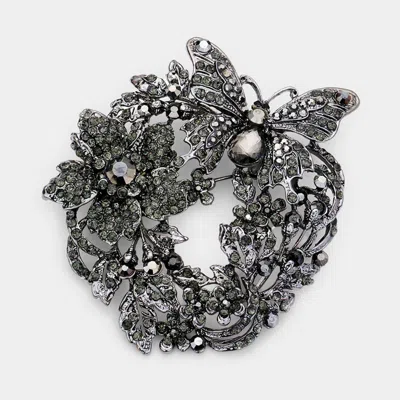 Fashnzfab Rhinestone Butterfly Flower Leaf Pin Brooch / Pendant In Gray