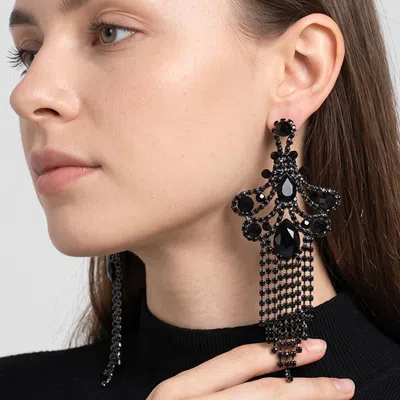 Fashnzfab Rhinestone Cascading Fringe Tassel Chandelier Statement Evening Earrings In Black