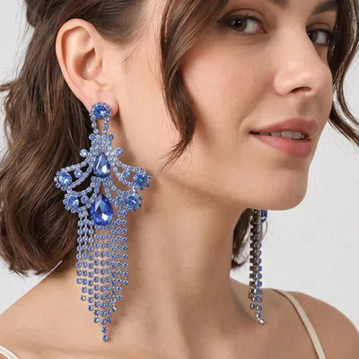 Fashnzfab Rhinestone Cascading Fringe Tassel Chandelier Statement Evening Earrings In Blue