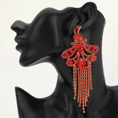 Fashnzfab Rhinestone Cascading Fringe Tassel Chandelier Statement Evening Earrings In Red