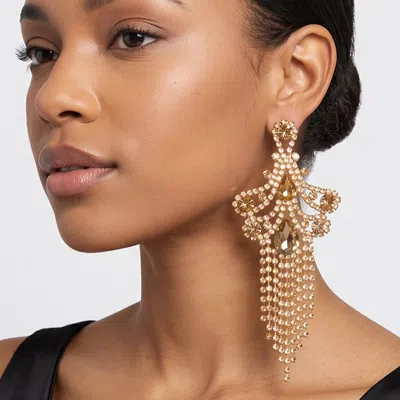 Fashnzfab Rhinestone Cascading Fringe Tassel Chandelier Statement Evening Earrings In Yellow