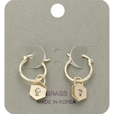 Fashnzfab Rhinestone Center Brass Metal Hexagon Lock Pin Catch Dangle Earrings - Clear, Gold