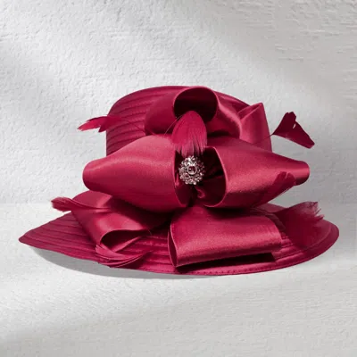 Fashnzfab Rhinestone Center Feather Bow Accent Dressy Hat In Burgundy