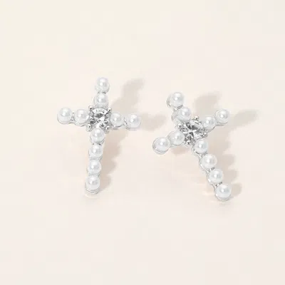 Fashnzfab Rhinestone Center Pearl Beaded Cross Stud Earrings In Multi