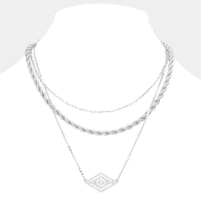 Fashnzfab Rhinestone Centered Metal Rhombus Pendant Triple Layered Necklace In Metallic
