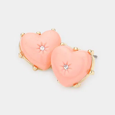 Fashnzfab Rhinestone Centered Resin Heart Stud Earrings In Pink