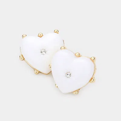 Fashnzfab Rhinestone Centered Resin Heart Stud Earrings In White