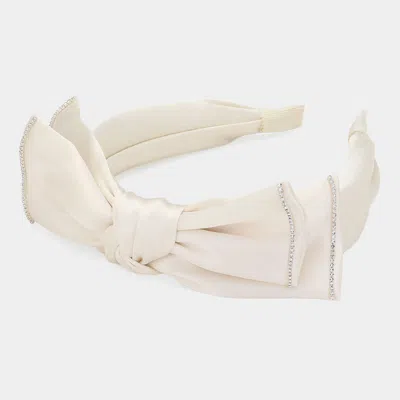 Fashnzfab Rhinestone Chain Pointed Satin Fabric Bow Headband In White