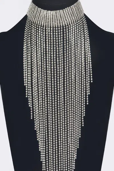Fashnzfab Rhinestone Choker Tassle Necklace In Silver