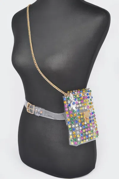 Fashnzfab Rhinestone Clear Belt Bag W/chain In Multi