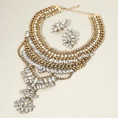 Fashnzfab Rhinestone Cluster Embellished Bib Necklace In Gold