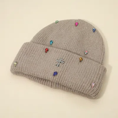 Fashnzfab Rhinestone Cross Accent Teardrop Stone Cluster Embellished Knit Beanie Hat In Gray