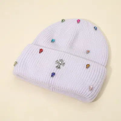 Fashnzfab Rhinestone Cross Accent Teardrop Stone Cluster Embellished Knit Beanie Hat In Purple