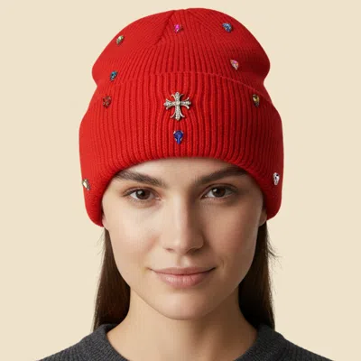 Fashnzfab Rhinestone Cross Accent Teardrop Stone Cluster Embellished Knit Beanie Hat In Red