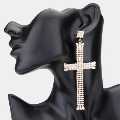 Fashnzfab Rhinestone Cross Dangle Evening Earring - Gold
